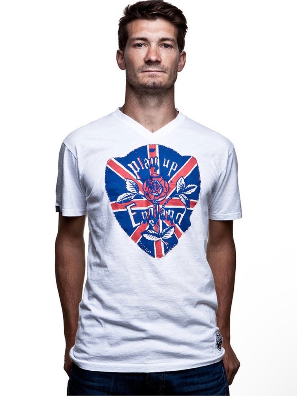 Copa Vintage White V-Neck Tee with Blue & Red Union Jack Heart Graphic